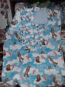 Blue Monkey Clouds Print- Baby Blanket Set. Brand New. Newborn -3 Months.