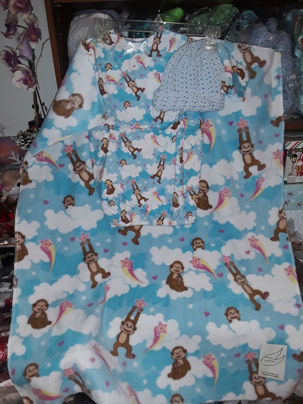 Blue Monkey Clouds Print- Baby Blanket Set. Brand New. Newborn -3 Months.