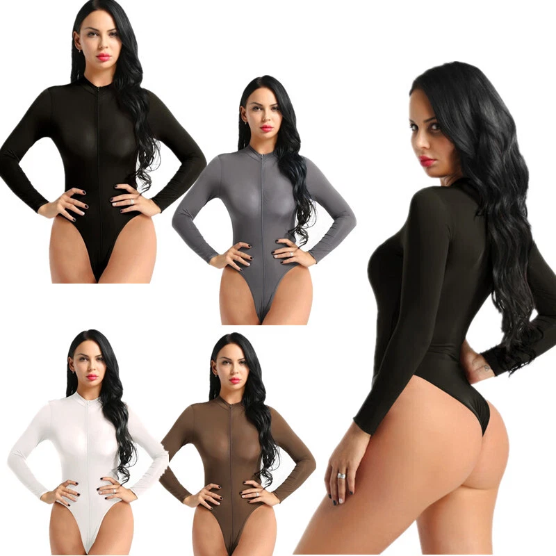 Womens One-Piece Long Sleeve Tops Shirt Bodysuit High Cut Thong Leotard  Jumpsuit