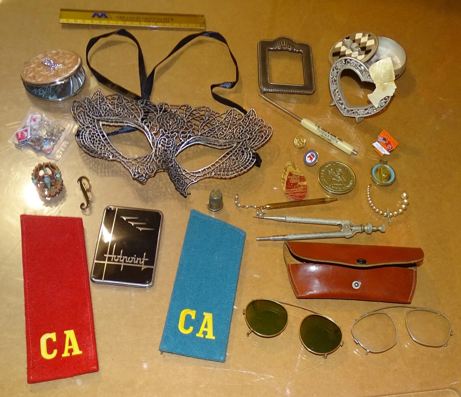 Junk Drawer Lot from Estate Sale - Mask, Eyeglasses, Pins, Trinket Box?, etc.