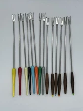 Set Of (14) Assorted Fondue Forks Plastic - Wood Stainless Steel Vintage Retro