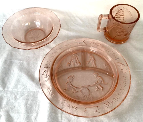 Vtg Pink Tiara Glass Mother Goose Nursery Rhymes Childs Set Bowl Plate Mug