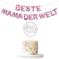 Muttertag Deko Beste Mama Banner Cake Topper Holz Rosa Glitter Girlande Party