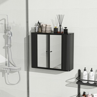 Black Wall-Mounted Bathroom Cabinet with Mirror, 2 Mirrored Doors & Open Shelf