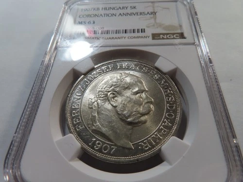 S42 Hungary 1907-KB Silver 5 Korona Coronation Anniversary NGC MS-63