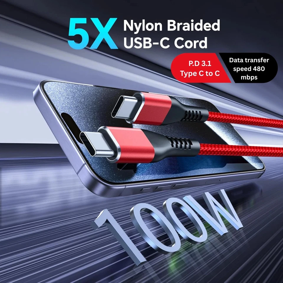 Type C to Type C Cable Fast Charge 100W PD Dual USB C Charging Braided Cable UK - Image 3 of 4