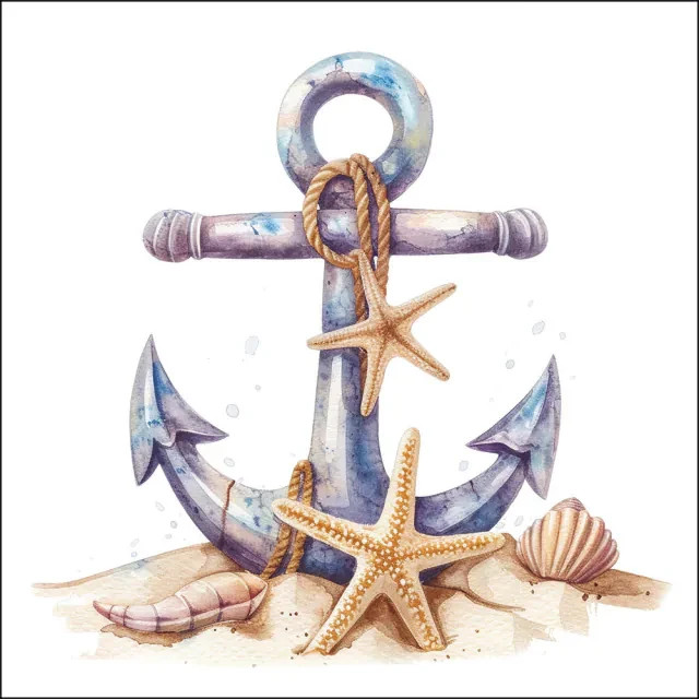 4 x Paper Napkins/33cm/3Ply/Decoupage/Rusty Anchor/Rope/Shells/Sand/Starfish