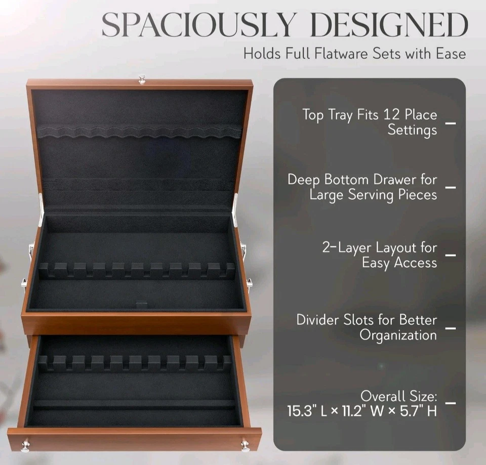 Premium Flatware Chest For 12+ Sets | Anti Tarnish Silverware Storage For Ful... - Image 2 of 4