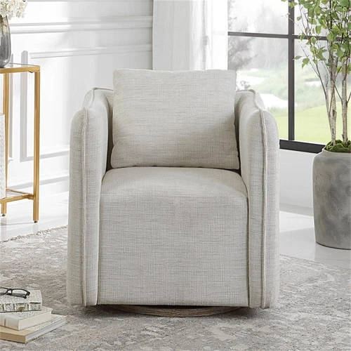 Uttermost Corben Farmhouse Wood and Fabric Swivel Armchair in Off White - Picture 9 of 10