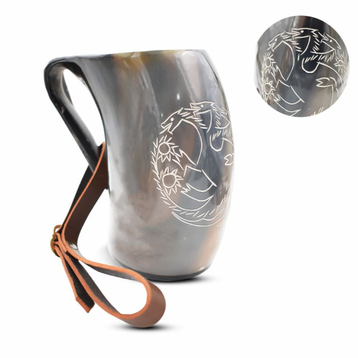 Taza para beber jarra vikinga cuerno de guerrero medieval con correa de cuero-800 ml cuerno de buey
