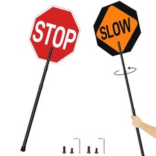 Stop Slow Sign with 66" Adjustable Handle, 18x18 Inch Double Sided Reflective...
