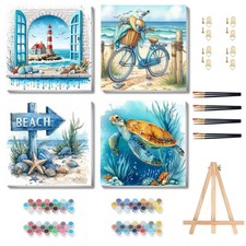 4 Pack Seaside Paint by Numbers Kit for Adults with Frame Easel, Beach Fram...