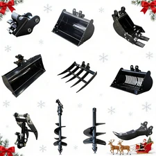 10pcs MINI EXCAVATOR ATTACHMENTS KIT: AUGER BUCKET THUMB RIPPER RAKE QUICK HITCH