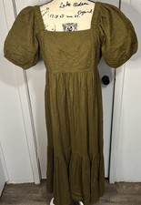 Madewell Tiered Midi Dress Quilted Hemp Blend Olive Green NH112 Women's Size 6