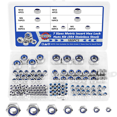 Lock Nuts, 180Pcs Hex Locknuts Assortment Kit, 304 Stainless Steel Metric Nylon 