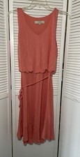 LOFT Womens XS Sleeveless Blouson Dress Peach Coral V-Neck Belted Knit Stretch