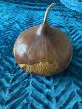 Hand Carved Gourd Art With Carved Buffaloes w/StemCut Out Lid Signed