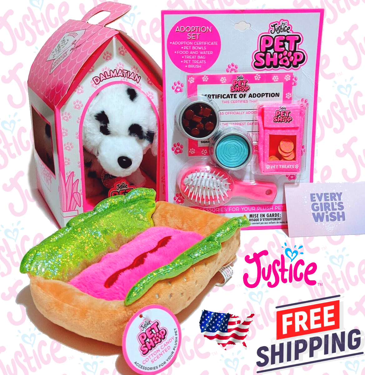 Justice Pet Shop Plush Stuffed Dog Dalmatian Adoption Set and Hot Dog Bed  Kids