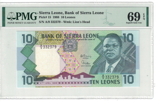 Sierra Leone 10 Leones 1988 Pick# 15 "TOP POP" PMG: 69 EPQ GEM UNC. #PL2586 - 第 1/2 張圖片