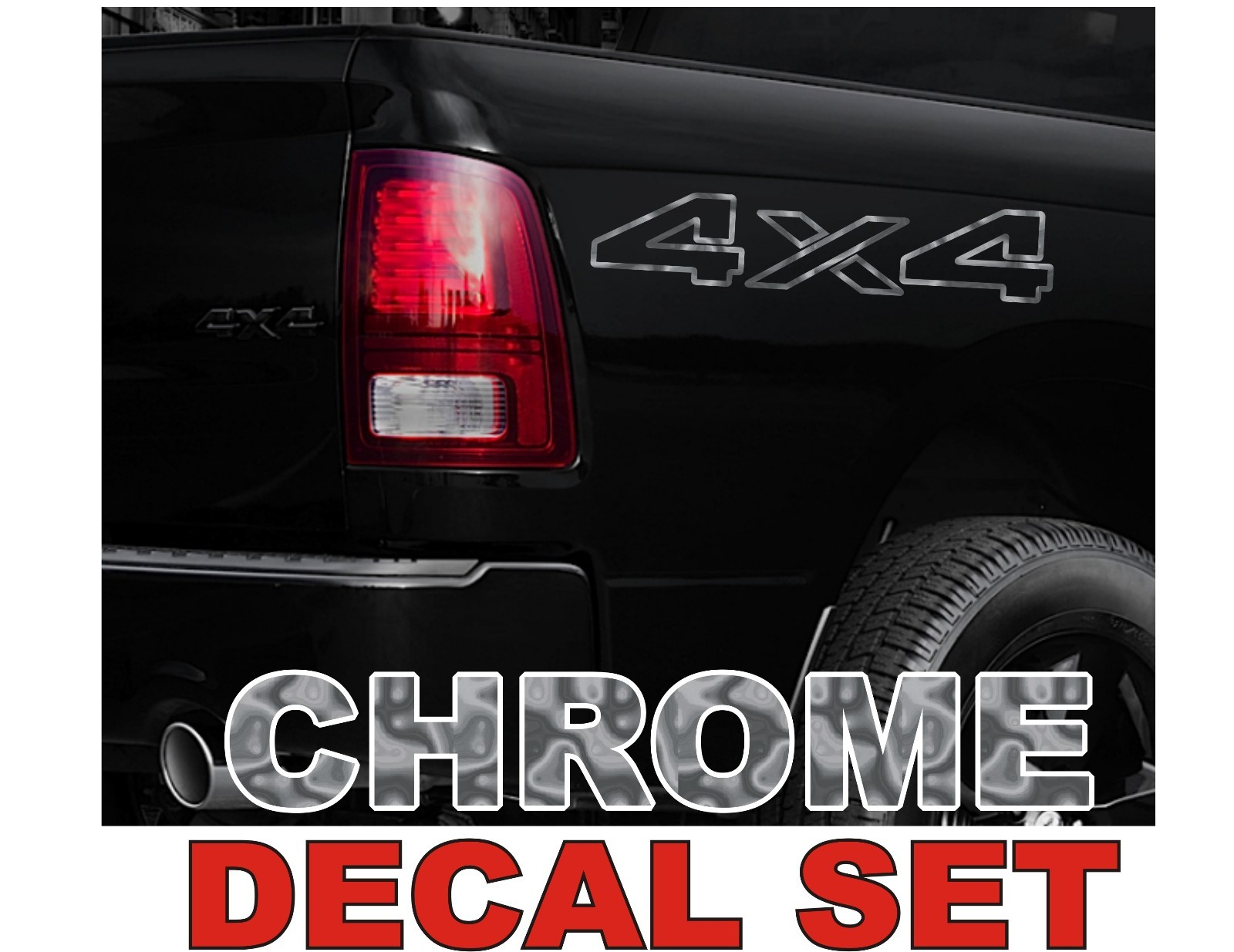  4x4 Truck Bed Decals, CHROME (Set) for Dodge Ram or Dakota