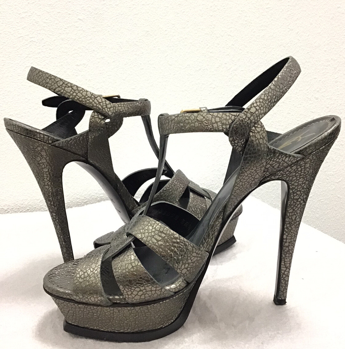 SAINT LAURENT YSL Tribute Gun stiletto plateau metallo pelle ciottoli metallizzati misura 38 5