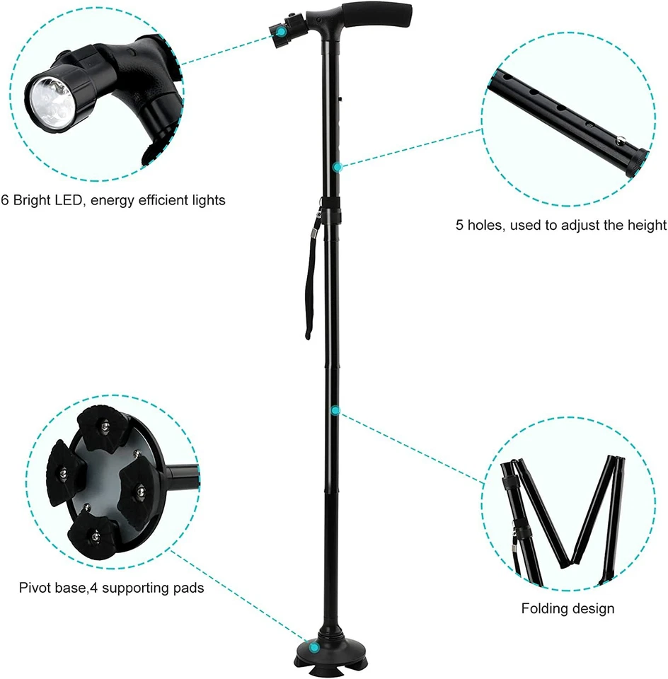 LED Adjustable Walking Cane Stick All Terrain Pivoting Base Travel Cane Folding - Image 4 of 4