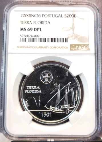 2000 PORTUGAL SILVER 200 ESCUDOS TERRA FLORIDA NEW WORLD NGC MS 69 DPL TOP POP 1