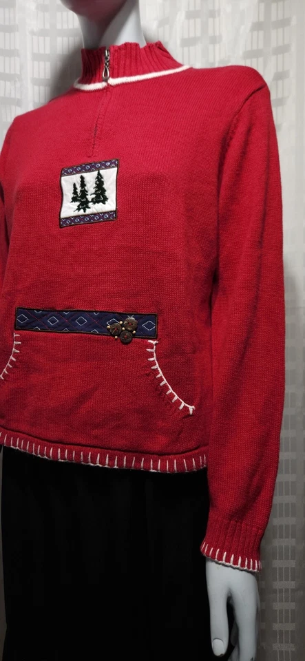 Винтажный женский свитер рождественский зимний на молнии миниатюрный большой деревья красный Breckenridge - Изображение 3 из 4