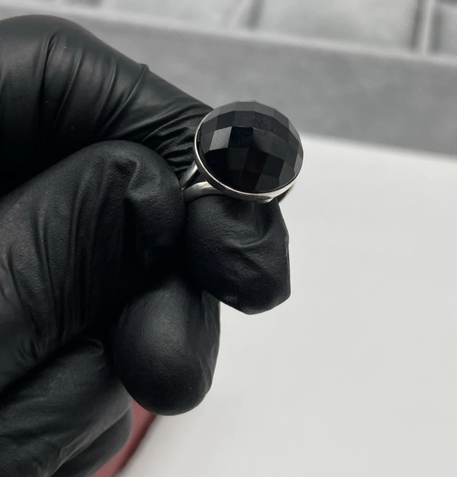 Anello Donna Vintage Argento 925 pietra rotonda Onice nero Tondo Briolè elegante - Immagine 3 di 4