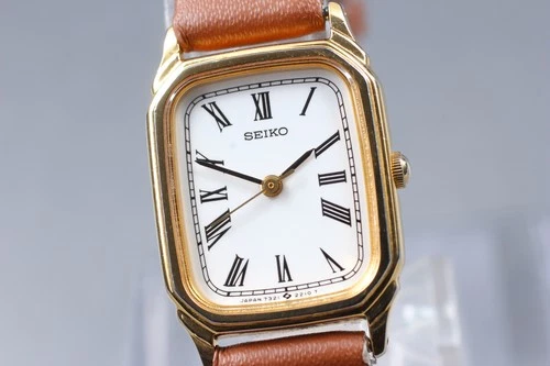Vintage 1989 [N MINT] Seiko 7321-6270 Gold White Tank Roman Ladies Watch JAPAN