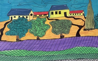 Landscape Fields Contemporary Blue Orig Art Painting By Artist, Free Shipping