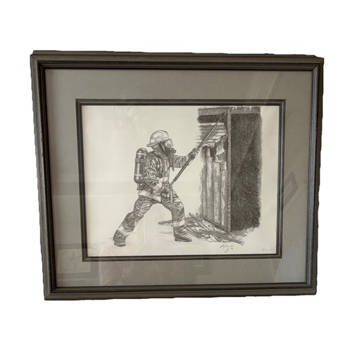 Framed Black & White Firefighter Rescue Illustration Print Artwork