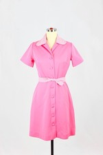 Vintage 80's Preppy Pink Polyester Houndstooth Trim Belted Shirt Dress, Size S