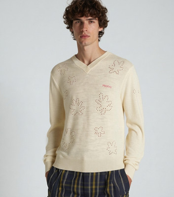 MARNI Sweater Mens Size 48 Off White Pullover VNeck Fine Wool Flowers $895