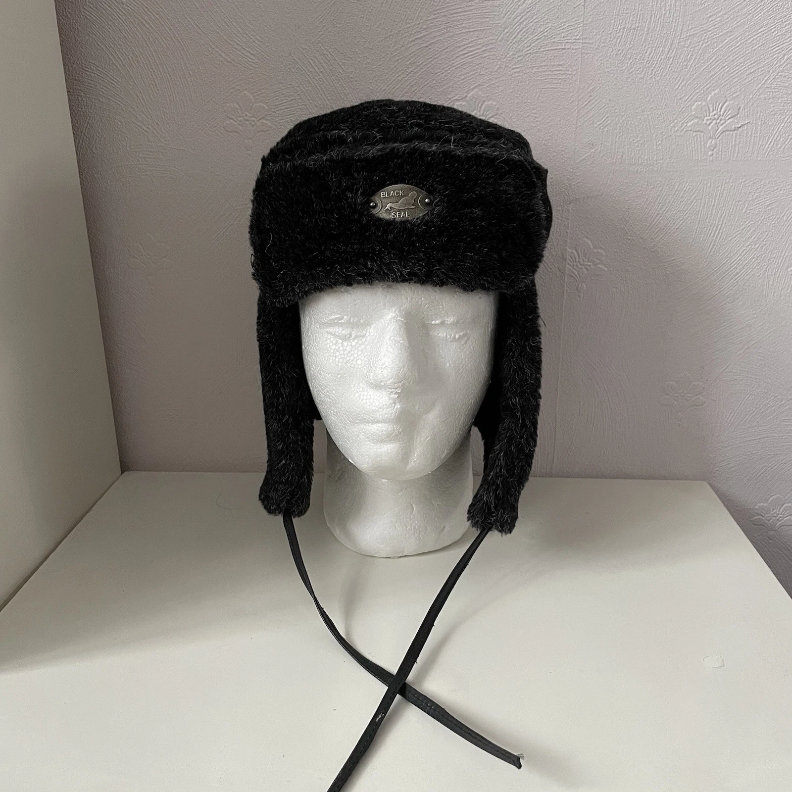 VINTAGE BLACK SEAL TRAPPER HAT - ONE SIZE - BLACK/GREY - FAUX FUR RETRO