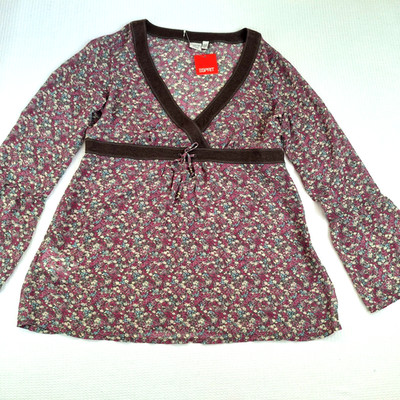 Vintage New ESPRIT Women's Babydoll Top Blouse Size 14 Purple Floral Print Sheer