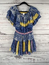 MISA Los Angeles Dress Womens Medium Blue Yellow Floral Ruffle Boho Mini Smocked