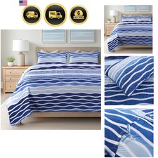 Blue Wave 2-Piece Quilt Set - Twin Size with 1 Sham, Coastal Beach House Bedd...