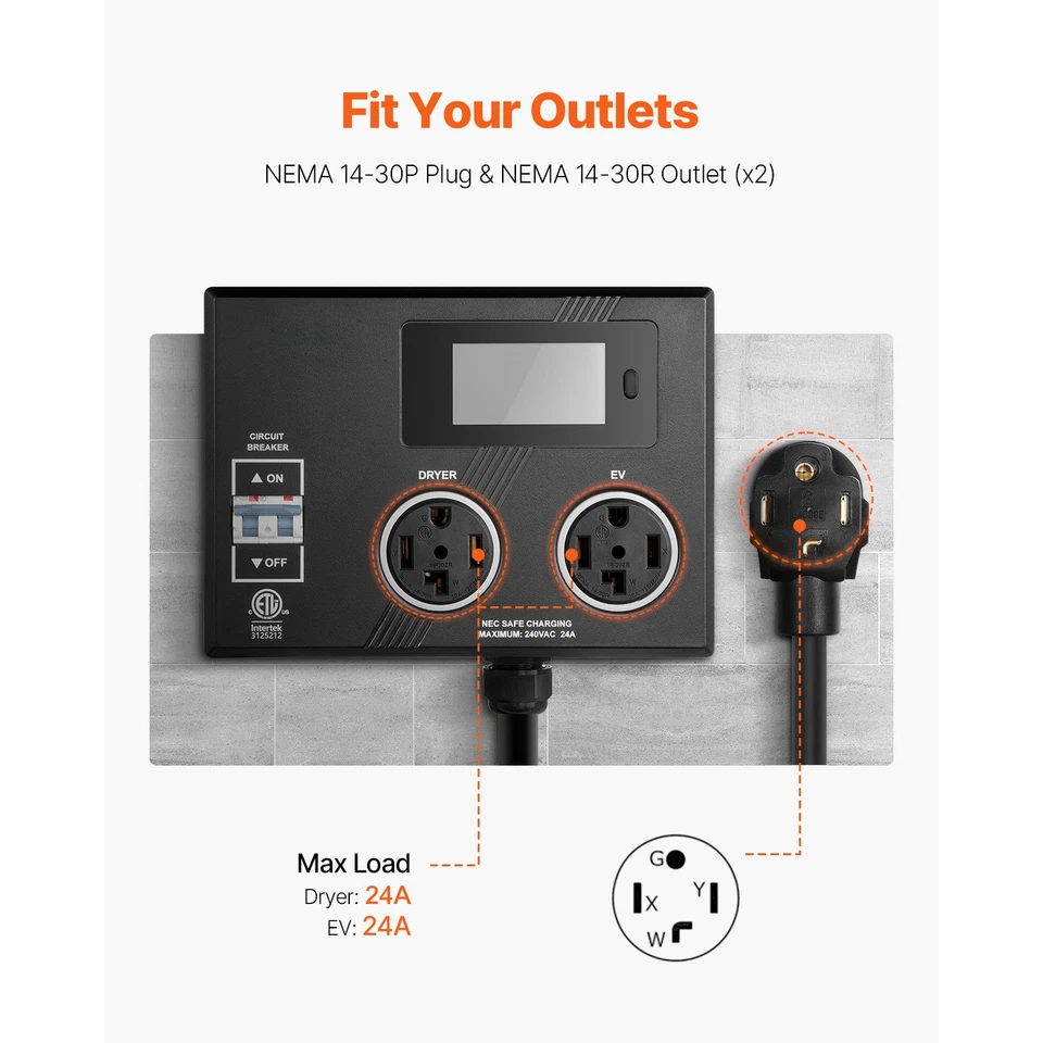NEMA Splitter for Dryer and EV NEMA 14-30P 2x 14-30R 3.4'' LCD Screen ETL - Image 4 of 4