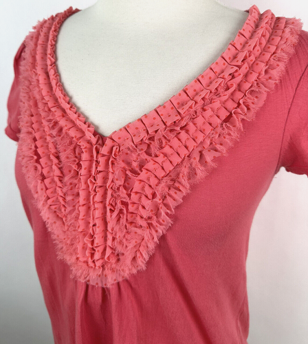 Anthropologie Ric Rac V-neck Chiffon Polka Dot Bib Top SMALL Coral Pink ...