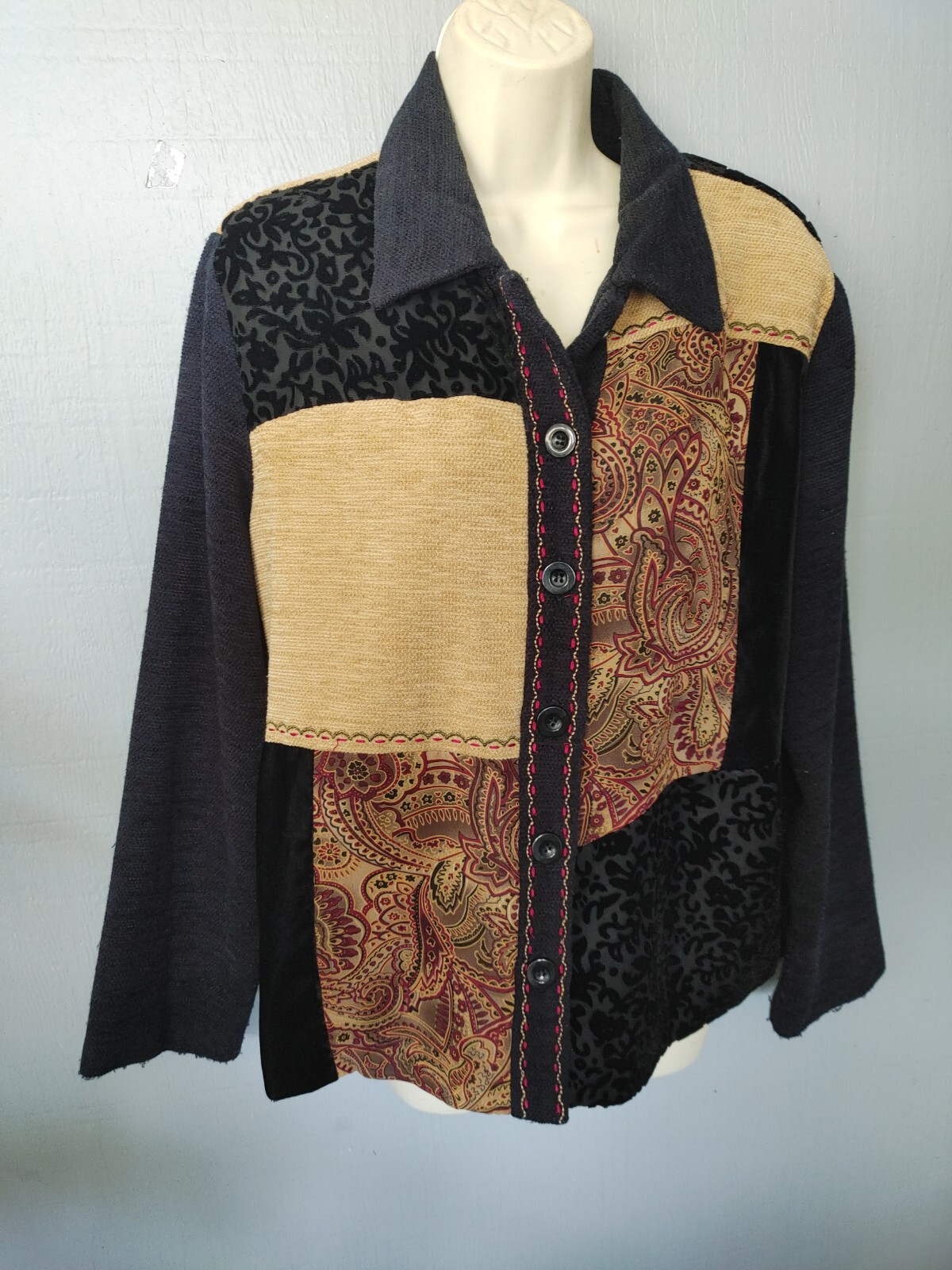 Napa Valley Brown Patchwork Collared Button-Down … - image 1