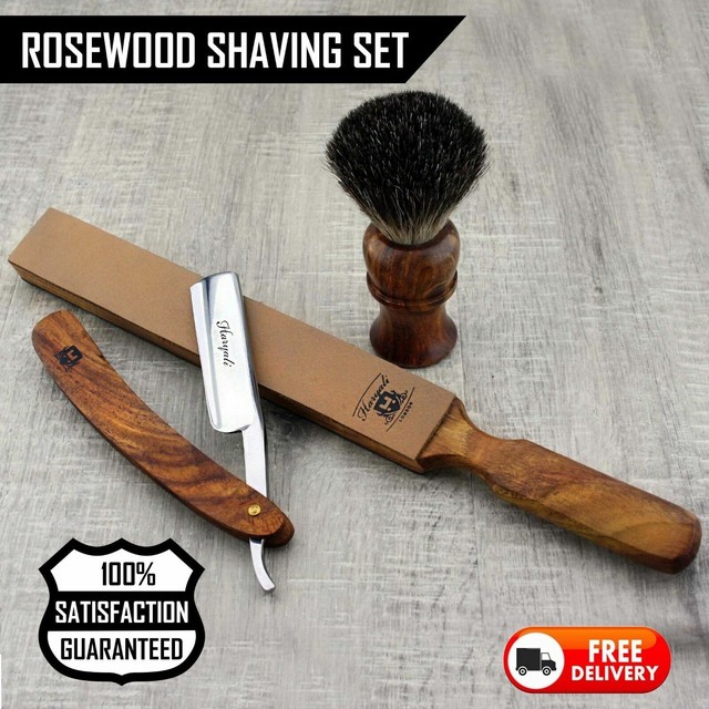 Straight Cut Throat Razor, Black Badger Brush & Strop Wooden Wet Shaving Set eBay
