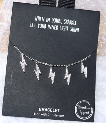 Lightening Bolt Bracelet 6.5'' + 2'' Extender Rhodium Dipped Crystal Accented Bolt