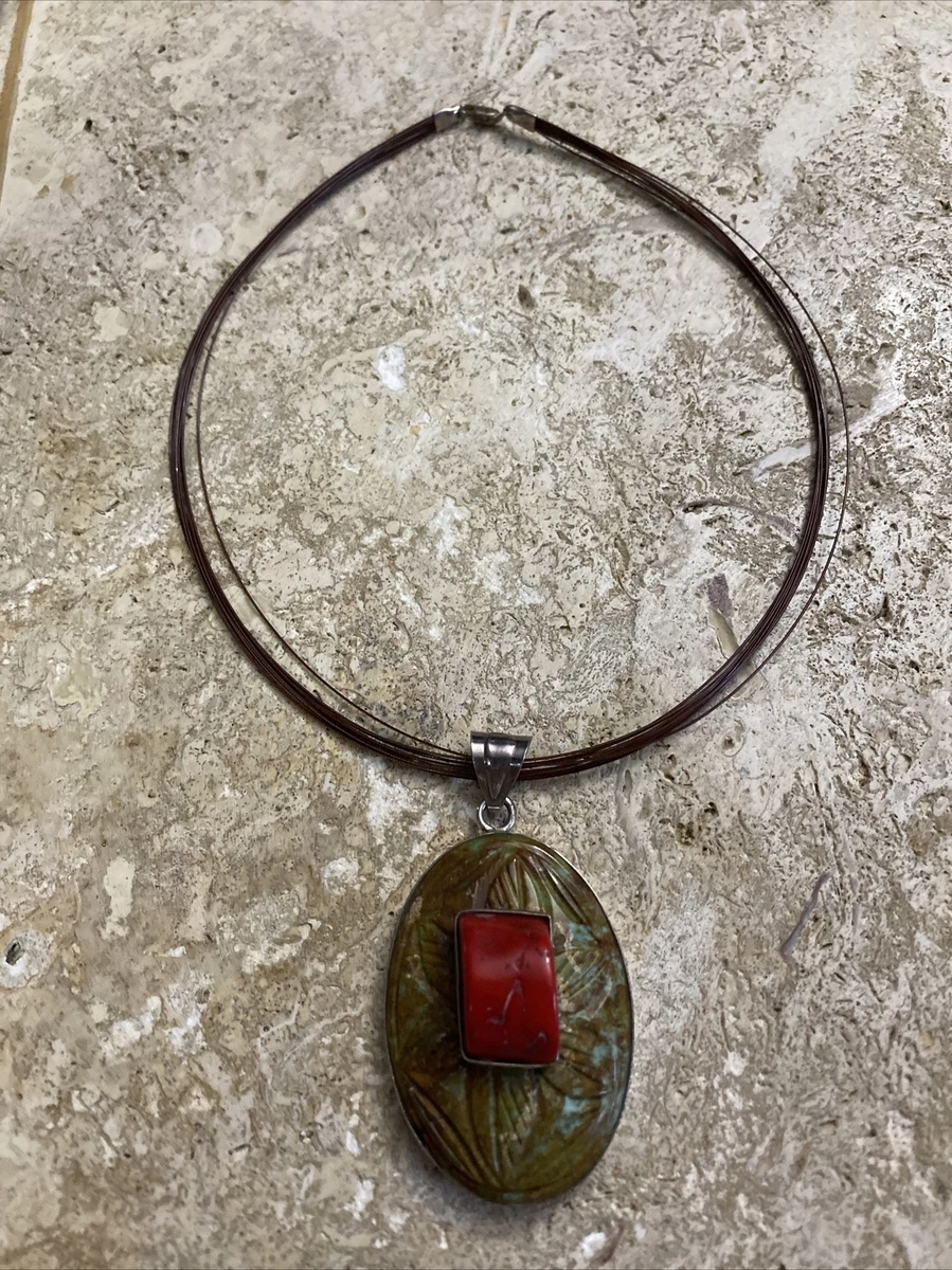Native American 14 Carved Earth Stone And Coral Tribal Necklace 1490