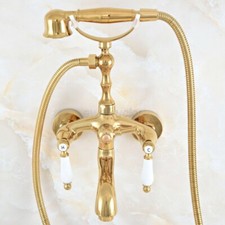 Luxury Gold Brass Wall Mounted Clawfoot Bathroom Tub Faucet w/ Handheld Shower