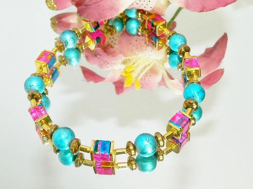 Armband Perlen Würfel marmoriert rosa türkis gold türkis HÄMATIT 495f - Bild 4 von 4