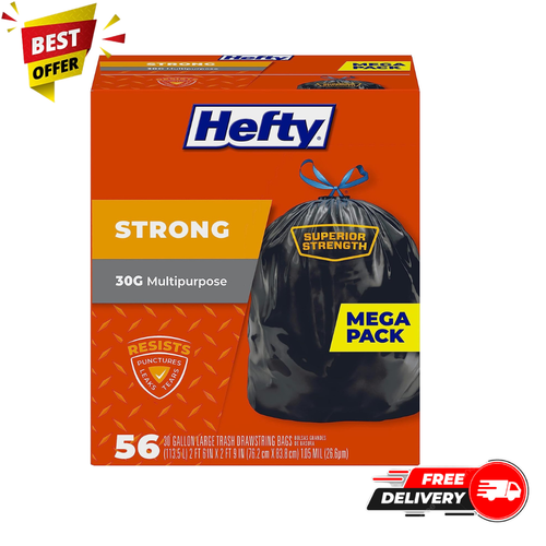 Hefty Strong Large Trash Bags, 30 Gallon, 56 Count Mega pack