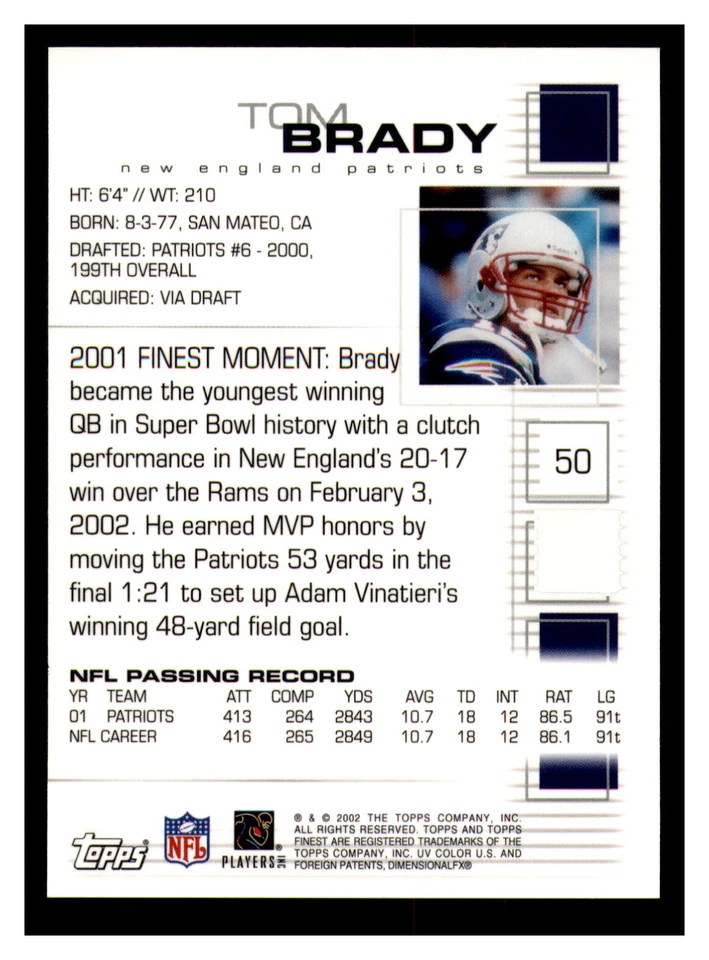 Tom Brady 2002 Topps Finest Chrome #50 Patriots 86721 - Image 2 of 2