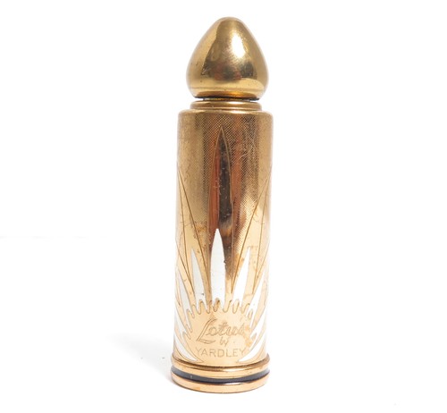 VINTAGE LOTUS BY YARDLEY NEW YORK PERFUME BOTTLE CASE BRASS & WHITE ENAMEL LEAF