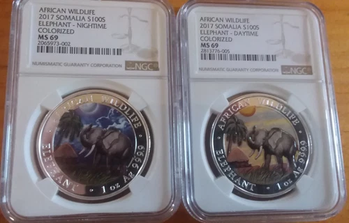 RARE DEAL BOTH Colorized .999 Silver OZ Elephant Somalia 2017 NGC Low Minted